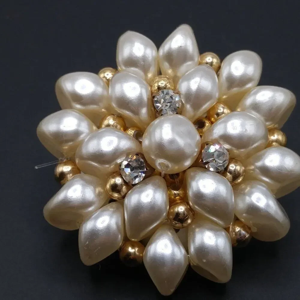 Cream Faux Pearl Clear Rhinestone Flower Clip Earrings, 1 3/4 Inches